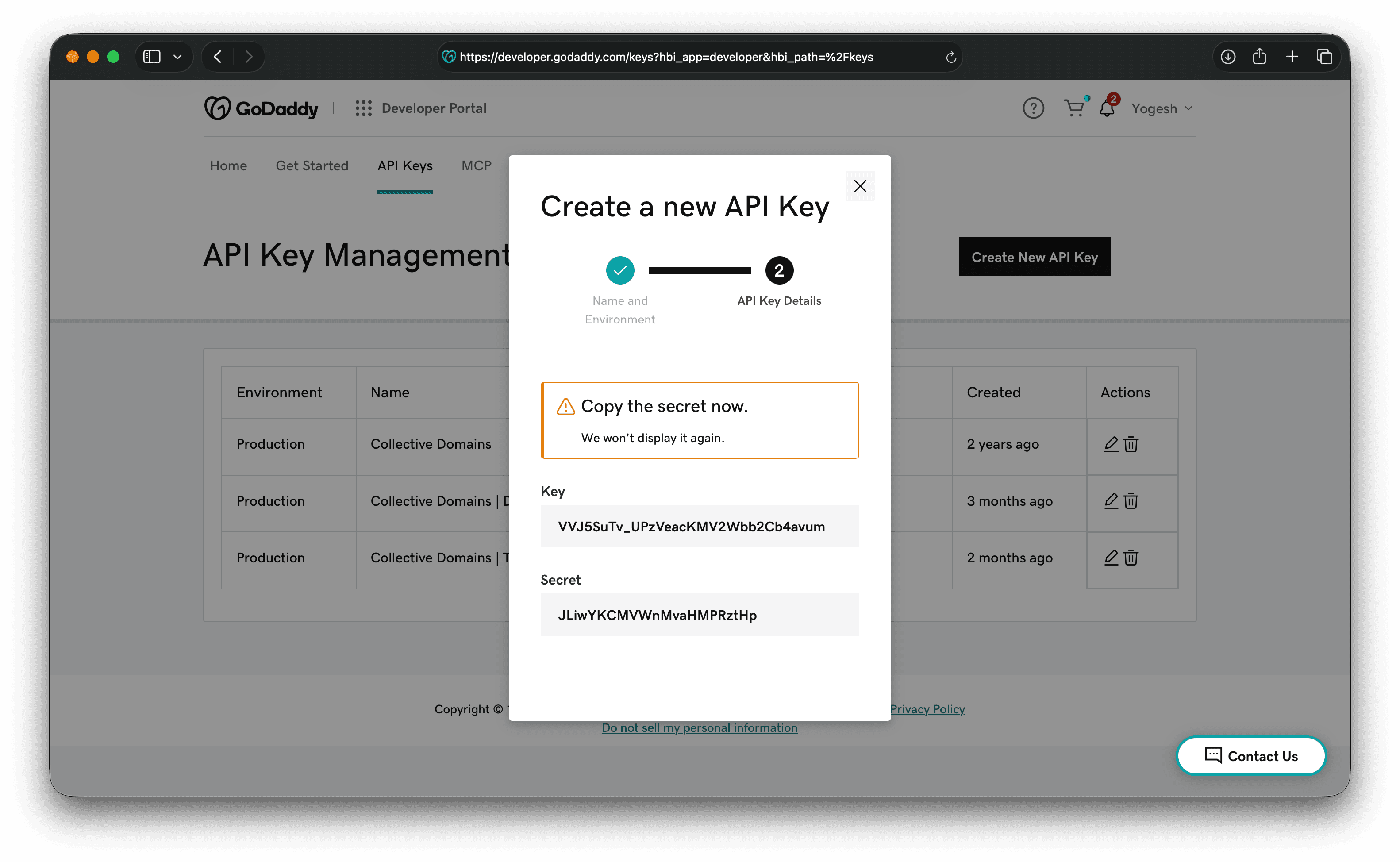 GoDaddy API key and secret