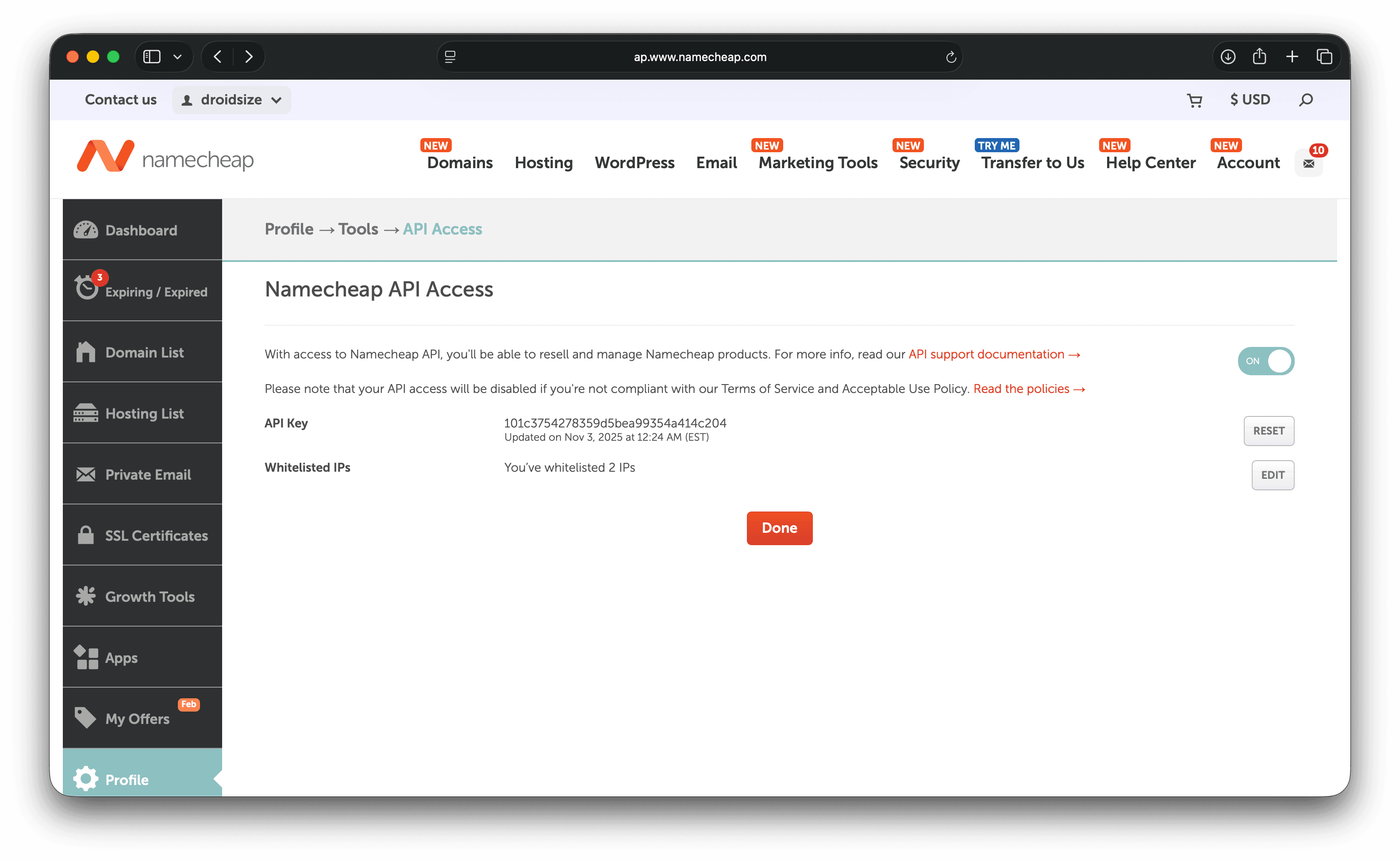 Namecheap API access navigation