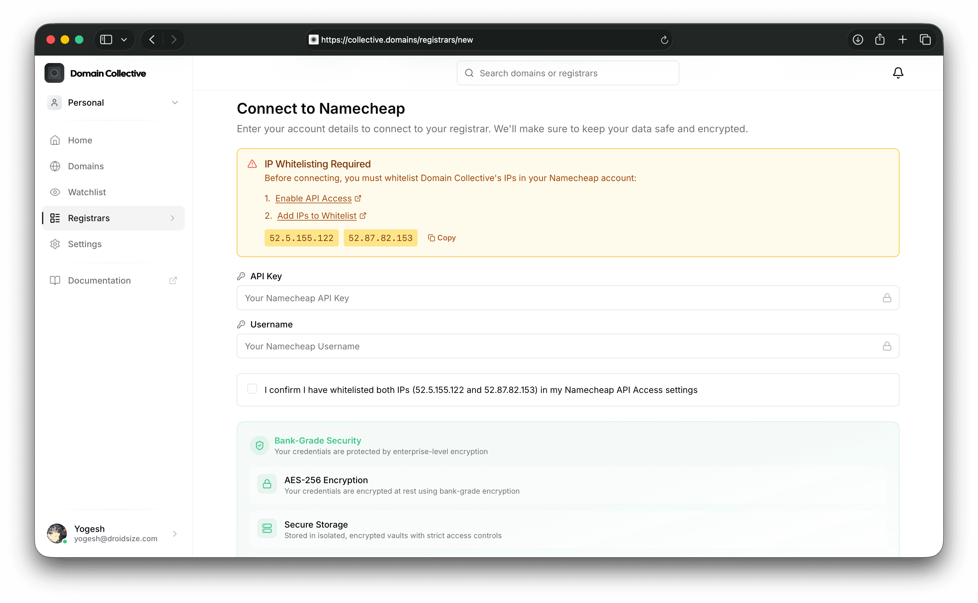 Namecheap integration form